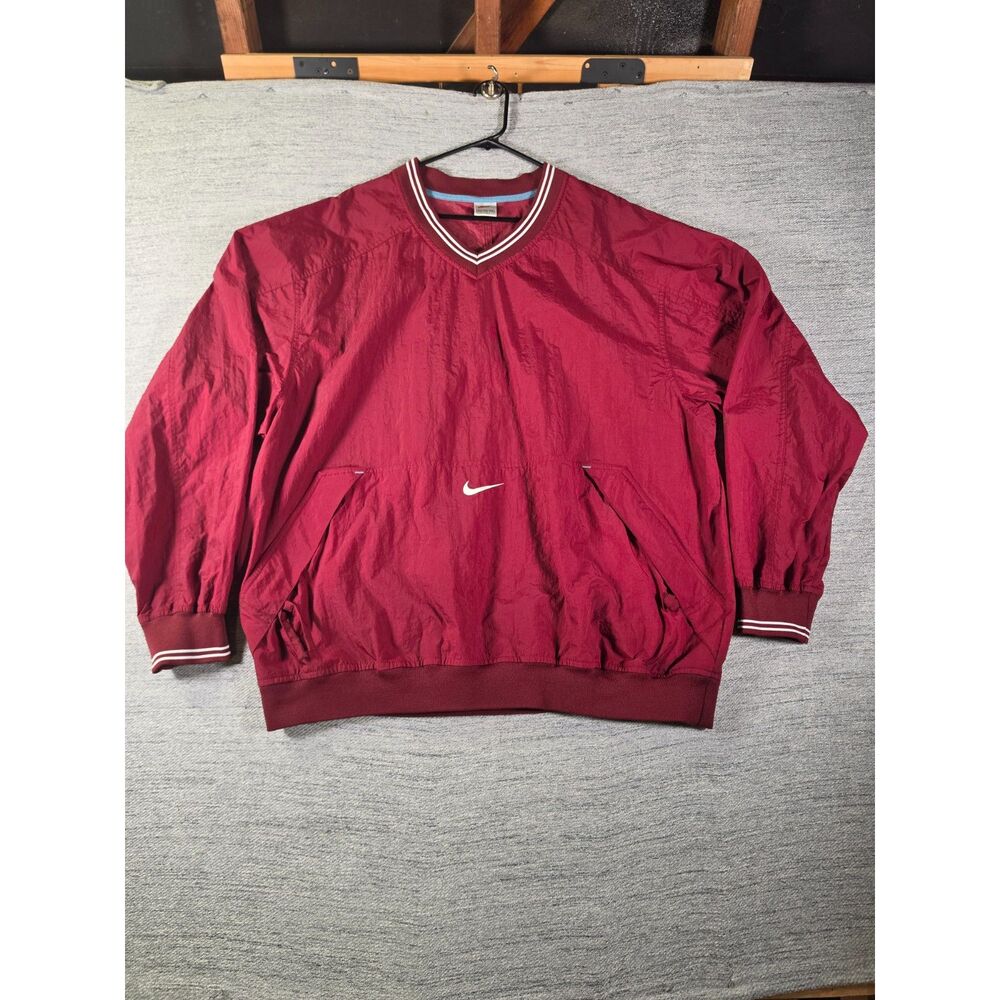 Vintage 90s Nike XXL Windbreaker Pullover Burgundy White V Neck Center Swoosh